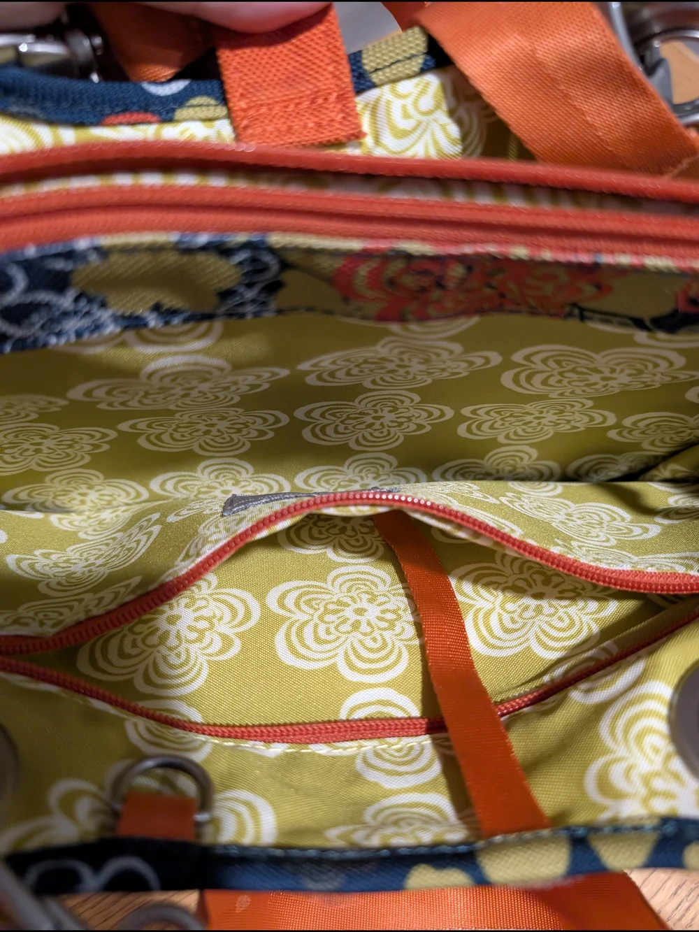 Haiku Navy Floral Sachel with Orange Embroidery and Orange Handles